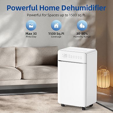 30 pt. 2,000 sq.ft. Dehumidifier for Home with Bucket, Drain Hose, in White, Cloth Dry, Auto-Off