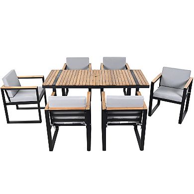 Eazegath 7-Piece Outdoor Wood and Metal Rectangular Dining Table Set with 6 Chairs and Cushions