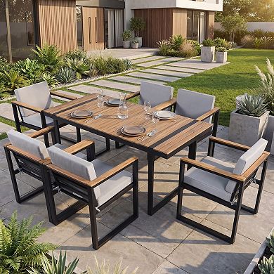 Eazegath 7-Piece Outdoor Wood and Metal Rectangular Dining Table Set with 6 Chairs and Cushions