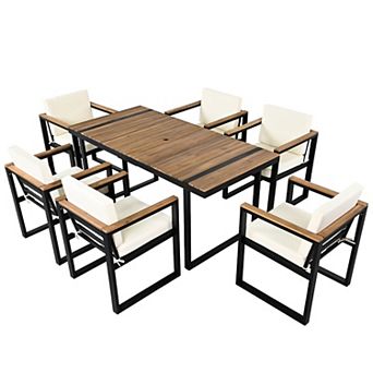 Eazegath 7 pc Outdoor Wood and Metal Rectangular Dining Table Set with 6 Chairs and Cushions