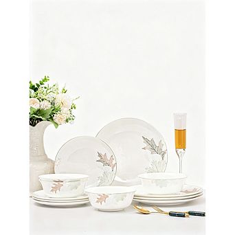 MOEPLSY12 pc Bone China Dinnerware Set, Traditional Chinese Art with Glazed Inner Patterns