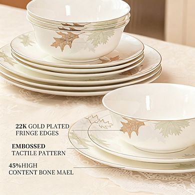 MOEPLSY12-Piece Bone China Dinnerware Set, Traditional Chinese Art with Glazed Inner Patterns