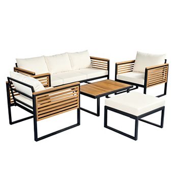 Eazegath 5 pc Outdoor Wood and Metal Conversation Sofa Set with Coffee Table and Ottoman