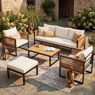 Eazegath 5-Piece Outdoor Wood and Metal Conversation Sofa Set with Coffee Table and Ottoman
