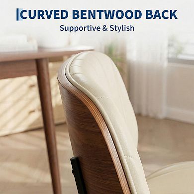 2-Pack Modern Bohemian Ergonomic Dining Chairs, PU Seat, Curved Walnut Back, Black Metal Legs