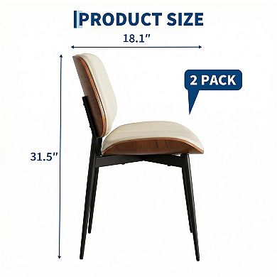 2-Pack Modern Bohemian Ergonomic Dining Chairs, PU Seat, Curved Walnut Back, Black Metal Legs