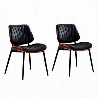 2-Pack Modern Bohemian Ergonomic Dining Chairs, PU Seat, Curved Walnut Back, Black Metal Legs