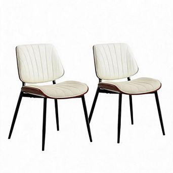 2-Pack Modern Bohemian Ergonomic Dining Chairs, PU Seat, Curved Walnut Back, Black Metal Legs