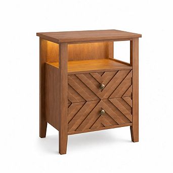 Wooden Nightstand LED Night Stand with 2 Storage Drawers and Stable Wooden Legs