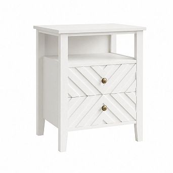 Wooden Nightstand LED Night Stand with 2 Storage Drawers and Stable Wooden Legs