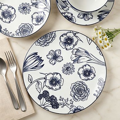 MOEPLSY16-Piece Blue Floral Stoneware Dinnerware Set, Round Plates and Bowls