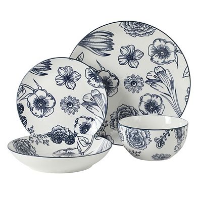 MOEPLSY16-Piece Blue Floral Stoneware Dinnerware Set, Round Plates and Bowls