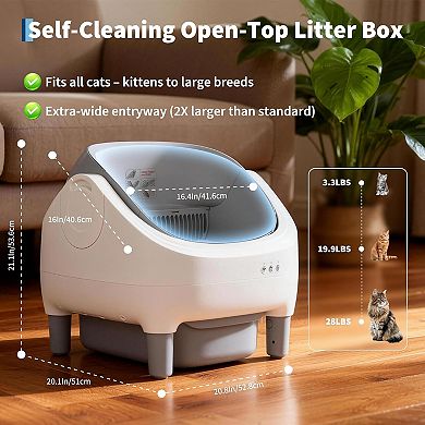 Self-Cleaning Cat Litter Box with App Control, Open-Top for Multiple Cats, 10.5L Sealed Waste Bin