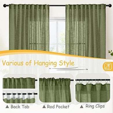 Linen Semi-Sheer Curtains 2 Panels, Light Filtering, Back Tab Drapes