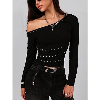 Women's Y2k Punk Studded Off Shoulder Long Sleeve Solid Shirts