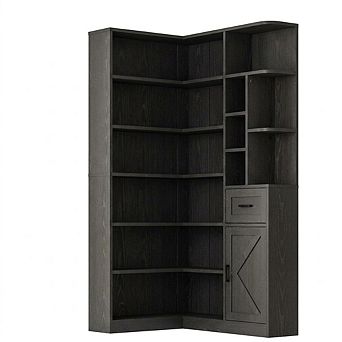 L-Shaped Corner Bookshelf with Drawers & Cabinet, Open Storage Display Shelf for Home Office