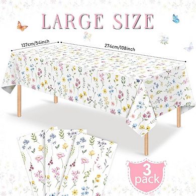 Spring Floral Tablecloths, disposable wildflower butterfly party covers, 3 pack
