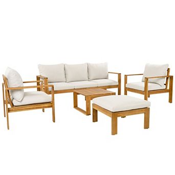 Eazegath 5 pc Outdoor Wood Conversation Sofa Set with Coffee Table and Ottoman