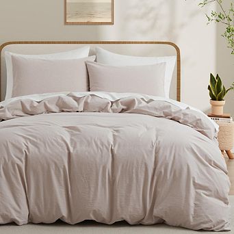 Light Linen Grey 100% Washed Cotton Duvet Cover Queen, Linen-Like Soft Bedding Set
