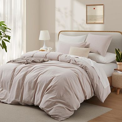 Light Linen Grey 100% Washed Cotton Duvet Cover Queen, Linen-Like Soft Bedding Set