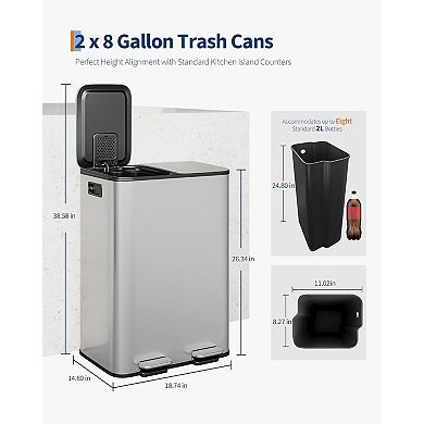Stainless Steel Dual Compartment Trash Can with Step-on Lid