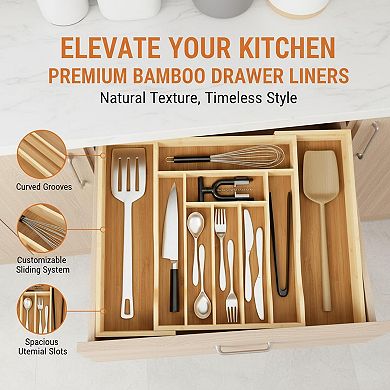 Expandable Bamboo Drawer Organizer Tray 7-9 Slots Curved Grooves