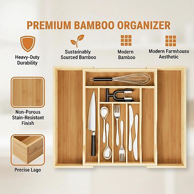 Expandable Bamboo Drawer Organizer Tray 7-9 Slots Curved Grooves