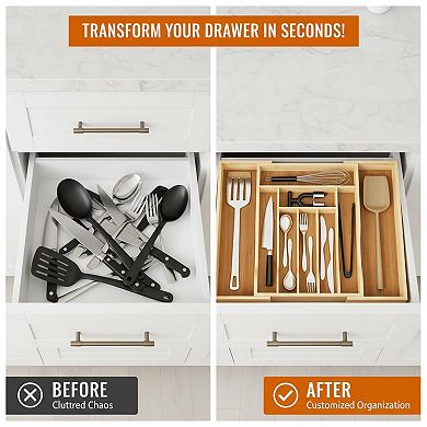 Expandable Bamboo Drawer Organizer Tray 7-9 Slots Curved Grooves