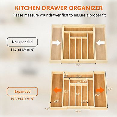 Expandable Bamboo Drawer Organizer Tray 7-9 Slots Curved Grooves