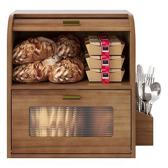Vintage Double Layer Roll Top Wooden Bread Box with Window for Kitchen Countertop, Retro Brown