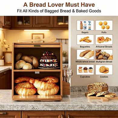 Vintage Double Layer Roll Top Wooden Bread Box with Window for Kitchen Countertop, Retro Brown