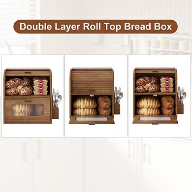Vintage Double Layer Roll Top Wooden Bread Box with Window for Kitchen Countertop, Retro Brown