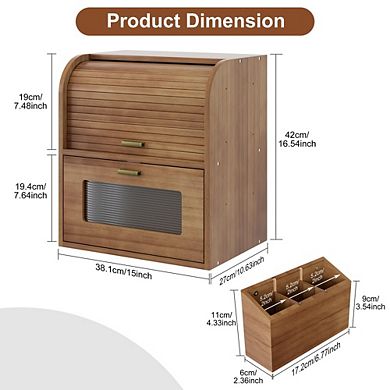 Vintage Double Layer Roll Top Wooden Bread Box with Window for Kitchen Countertop, Retro Brown