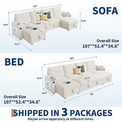Sleeper Sofa Bed, U-Shaped Sofa, Convertible Pull Out Couch Bed, Sectional Sofa for Living Room
