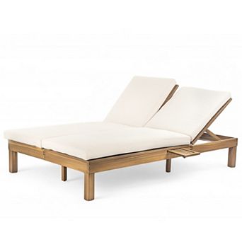 Eazegath Outdoor Wood 5-Position Adjustable Double Chaise Lounge Chair Sunbed with Cushions