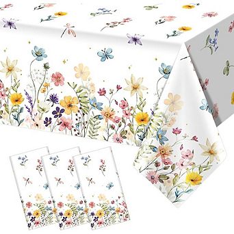 Wildflower Tablecloths 3-Pack, Disposable Waterproof Plastic Party Covers