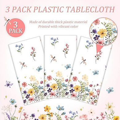 Wildflower Tablecloths 3-Pack, Disposable Waterproof Plastic Party Covers
