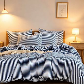 White & Blue Striped Duvet Cover Set Queen, 100% Cotton Bedding with Zipper and Corner Ties