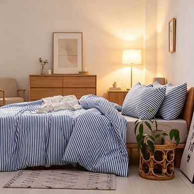 White & Blue Striped Duvet Cover Set Queen, 100% Cotton Bedding with Zipper and Corner Ties