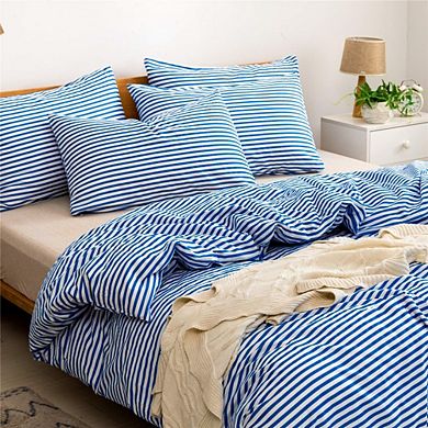 White & Blue Striped Duvet Cover Set Queen, 100% Cotton Bedding with Zipper and Corner Ties
