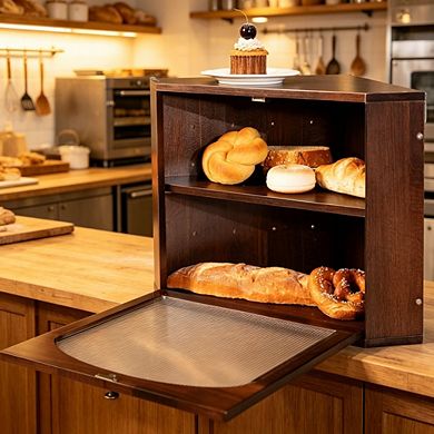 Solid Wood 2-Tier Corner Bread Box for Kitchen Countertop, Bread Storage Container