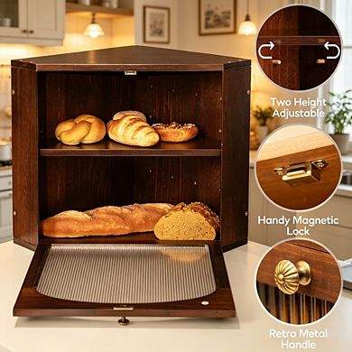 Solid Wood 2-Tier Corner Bread Box for Kitchen Countertop, Bread Storage Container