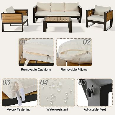 Eazegath 4-Piece Outdoor Aluminum Conversation Sofa Set with Coffee Table and Fold-Out Side Tables