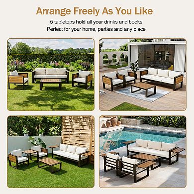 Eazegath 4-Piece Outdoor Aluminum Conversation Sofa Set with Coffee Table and Fold-Out Side Tables
