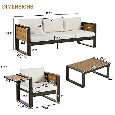 Eazegath 4-Piece Outdoor Aluminum Conversation Sofa Set with Coffee Table and Fold-Out Side Tables