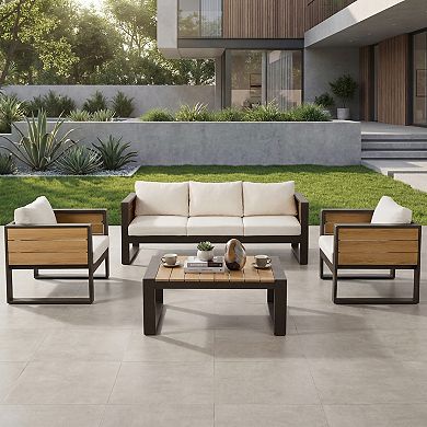 Eazegath 4-Piece Outdoor Aluminum Conversation Sofa Set with Coffee Table and Fold-Out Side Tables