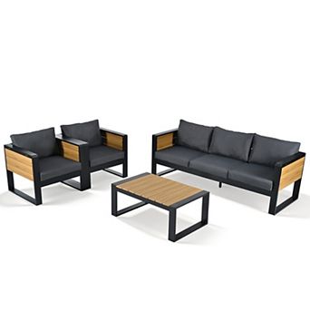 Eazegath 4 pc Outdoor Aluminum Conversation Sofa Set with Coffee Table and Fold-Out Side Tables