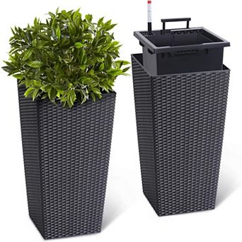 22.5" Tall Planter Set of 2, Rattan Style with Trays, Water Monitor & Wheels, Black for Patio/Indoor