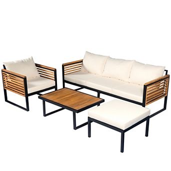 Eazegath 4 pc Outdoor Wood and Metal Conversation Sofa Set with Coffee Table and Ottoman