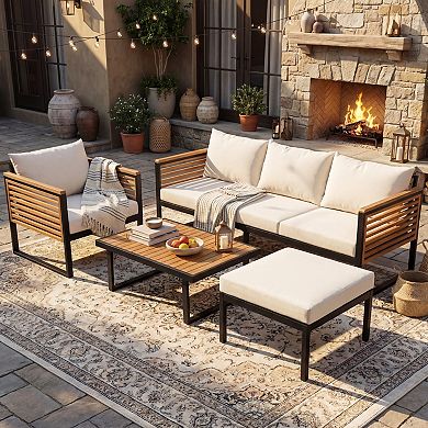 Eazegath 4-Piece Outdoor Wood and Metal Conversation Sofa Set with Coffee Table and Ottoman
